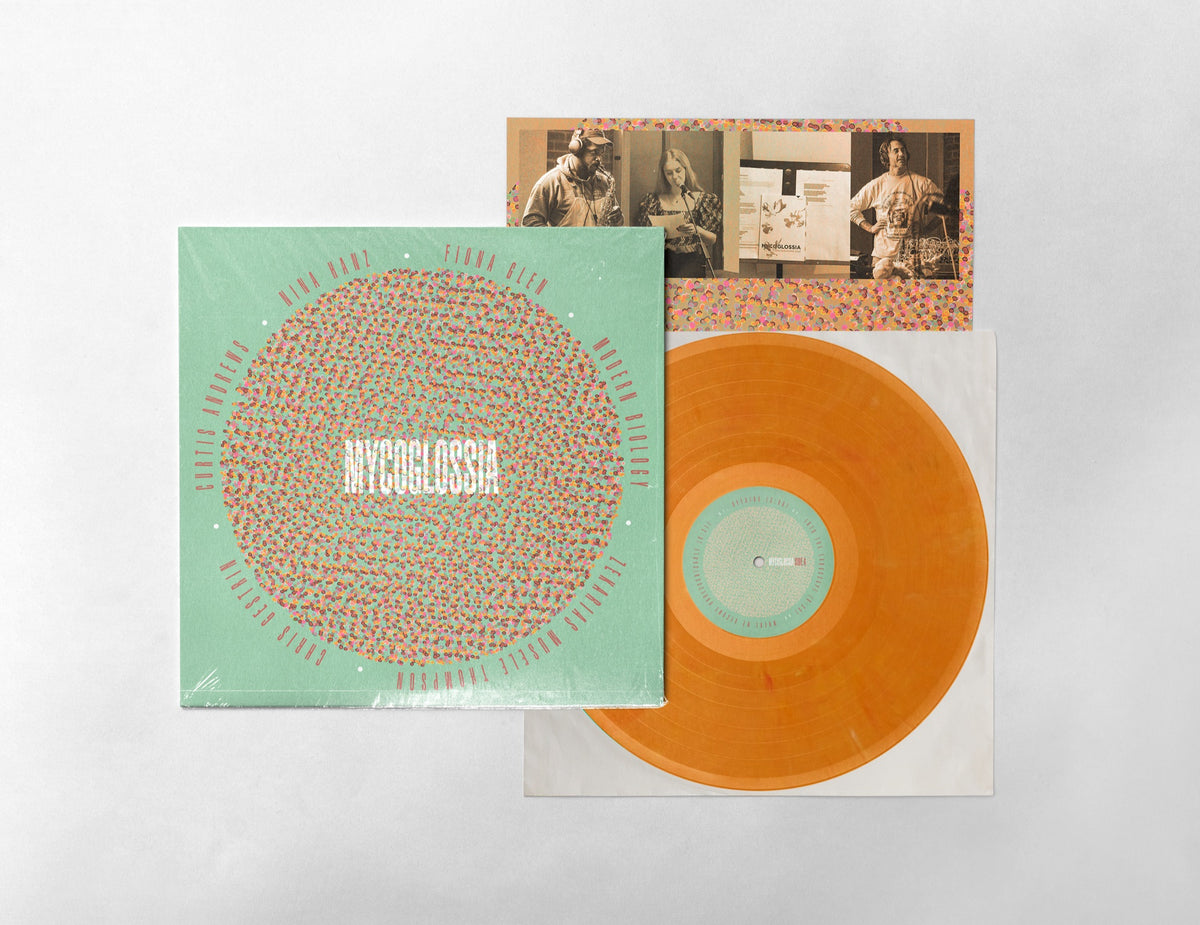 Mycoglossia LP mock-up: front cover, orange vinyl and insert