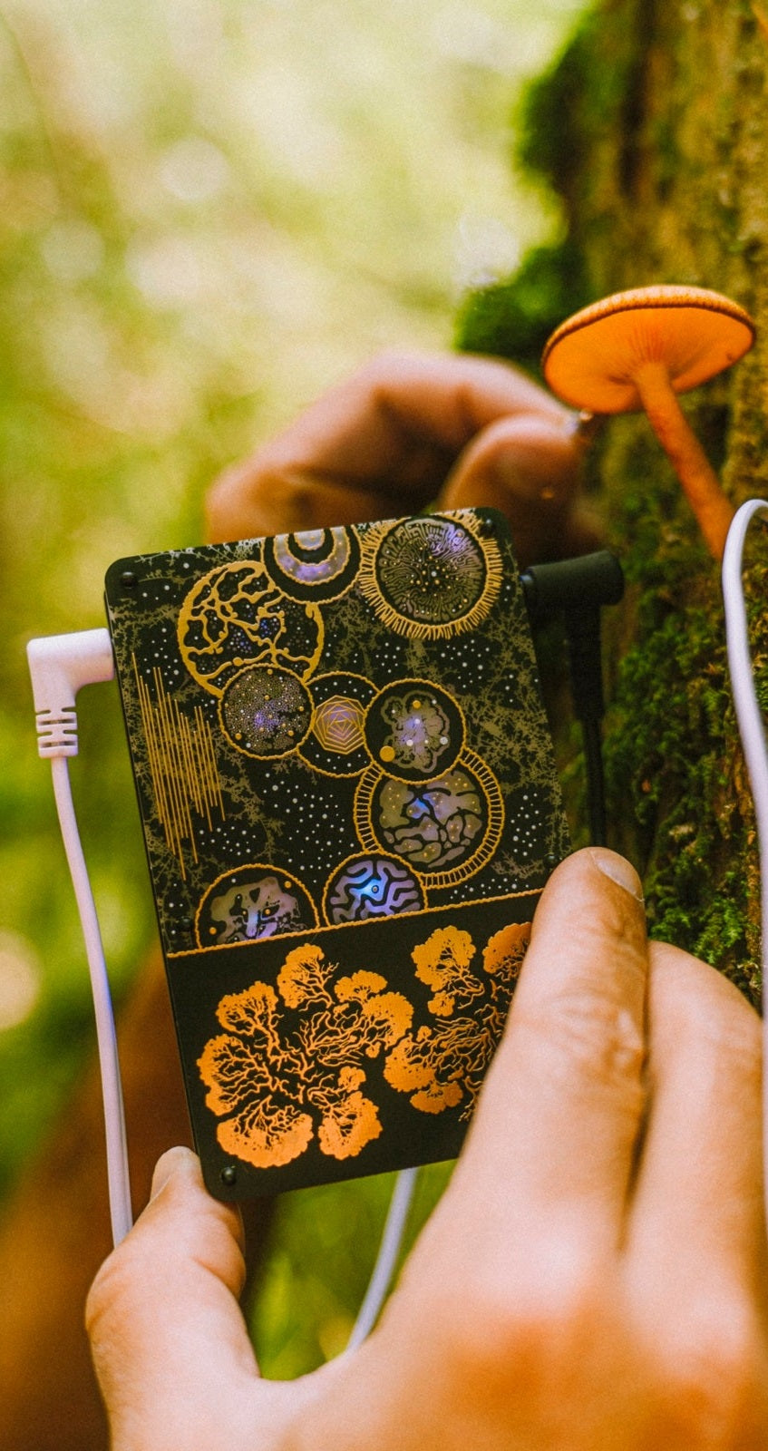 Pocket SCÍON Mycelium Edition held up to an orange mushroom on a mossy tree